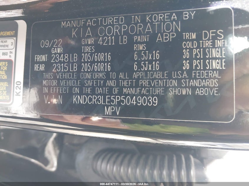 2023 Kia Niro VIN KNDCR3LE5P5049039 IAAI salvage auction — FRONT END, Certificate Of Destruction (Florida), sold $8,200 on 2026-07-19 (photo 9)