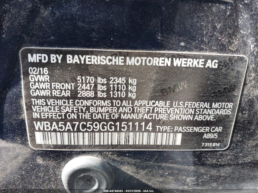2016 BMW 5er VIN WBA5A7C59GG151114 IAAI salvage auction — LEFT SIDE, Salvage (New Jersey), sold $4,750 on 2026-07-13 (photo 9)