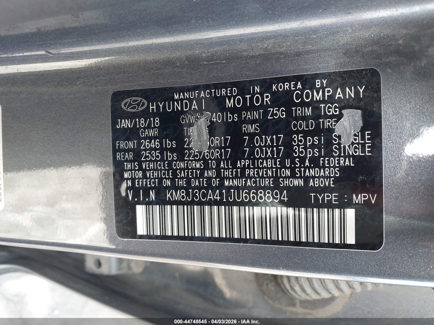 2018 Hyundai Tucson VIN KM8J3CA41JU668894 IAAI salvage auction — FRONT END, Salvage (Vermont), sold $1,900 on 2026-07-15 (photo 9)