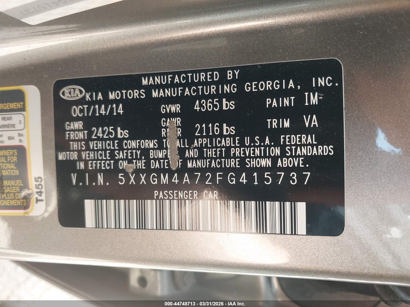 2015 Kia Optima VIN 5XXGM4A72FG415737 IAAI salvage auction — LEFT FRONT, Wait Title, sold $825 on 2026-07-08 (photo 9)