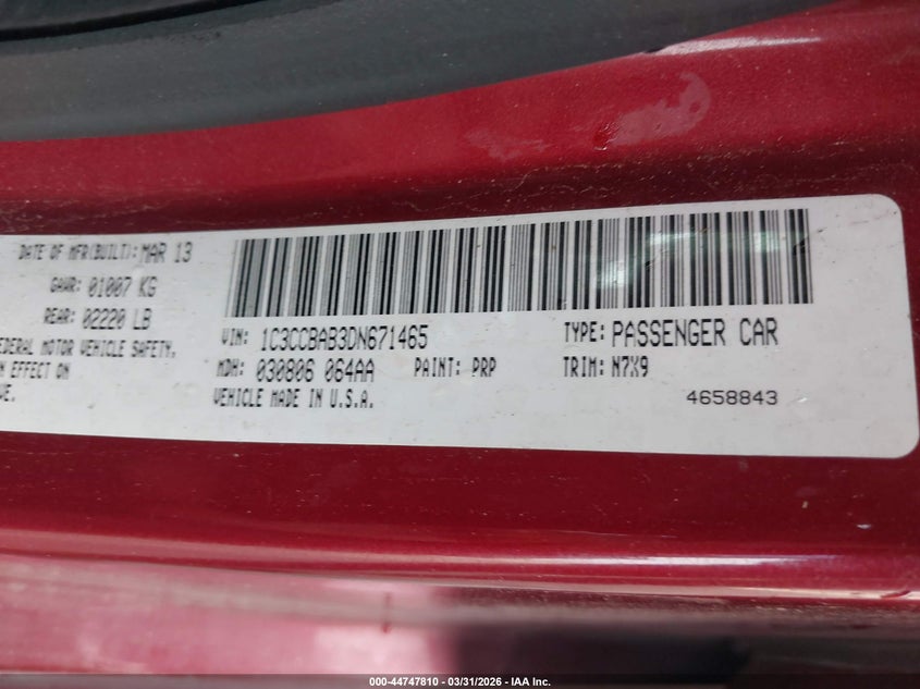 2013 Chrysler 200 VIN 1C3CCBAB3DN671465 IAAI salvage auction — FRONT END, Wait Title, sold $500 on 2026-07-09 (photo 9)