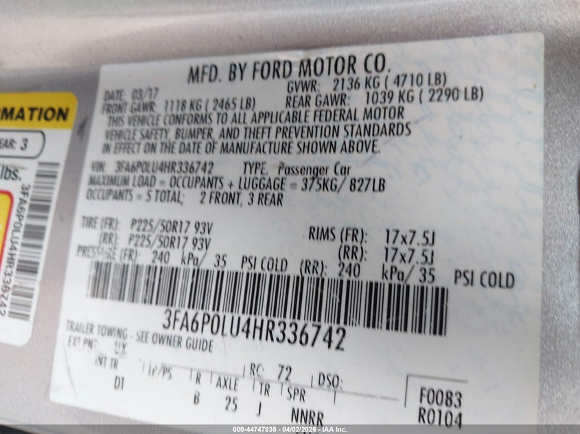 2017 Ford Fusion VIN 3FA6P0LU4HR336742 IAAI salvage auction — REAR END, Wait Title, sold $750 on 2026-07-25 (photo 9)