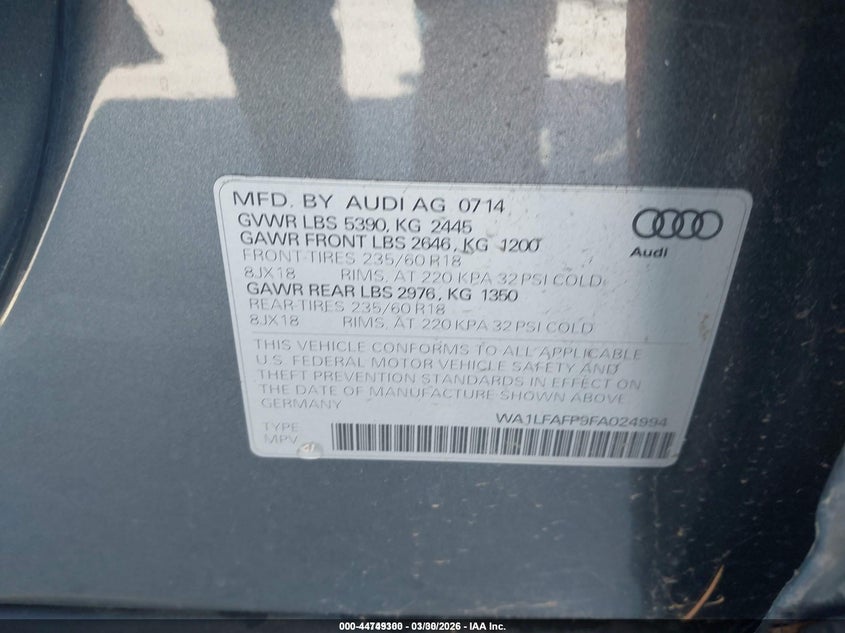 2015 Audi Q5 VIN WA1LFAFP9FA024994 IAAI salvage auction — LEFT SIDE, Wait Title, sold $850 on 2026-07-13 (photo 9)