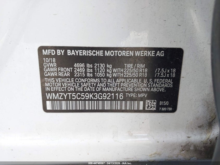 2019 Mini Countryman VIN WMZYT5C59K3G92116 IAAI salvage auction — BIO HAZARD, Salvage (Texas), sold $5,500 on 2026-07-28 (photo 9)