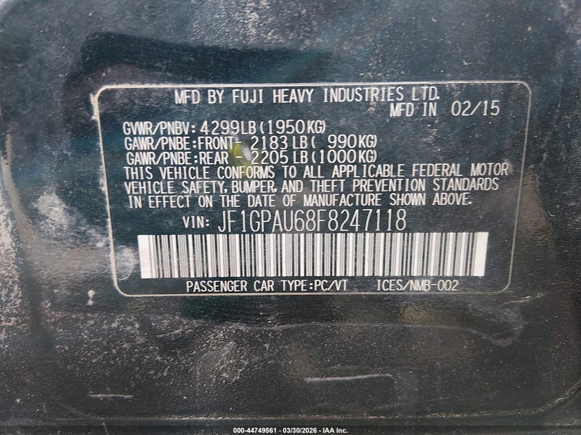 2015 Subaru Impreza VIN JF1GPAU68F8247118 IAAI salvage auction — REAR END, Wait Title, sold $1,050 on 2026-07-17 (photo 9)