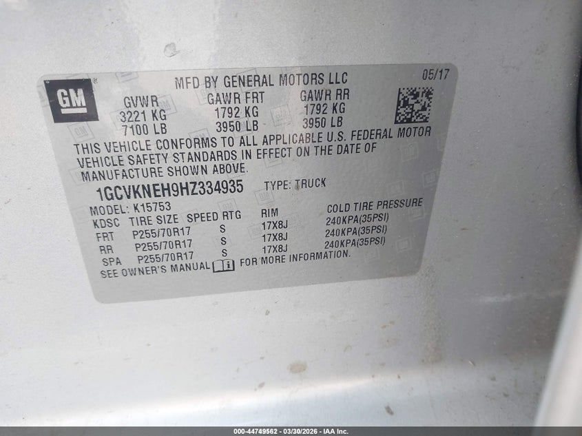 2017 Chevrolet Silverado VIN 1GCVKNEH9HZ334935 IAAI salvage auction — NORMAL WEAR, Sf97 (New Hampshire), sold $4,150 on 2026-07-31 (photo 9)