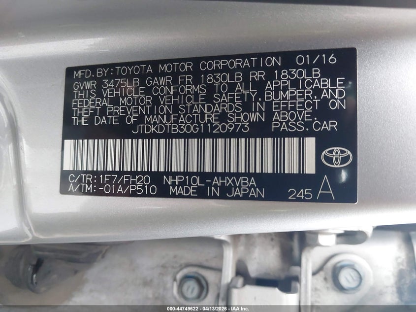 2016 Toyota Prius c VIN JTDKDTB30G1120973 IAAI salvage auction — FRONT END, Original (Texas), sold $1,350 on 2026-07-14 (photo 9)