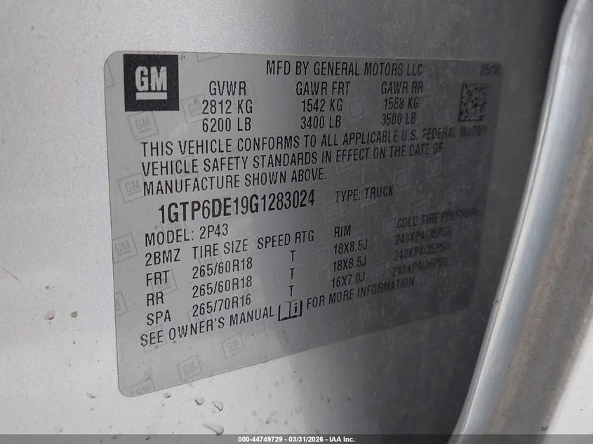 2016 Gmc Canyon VIN 1GTP6DE19G1283024 IAAI salvage auction — FRONT END, Original (Texas), sold $3,900 on 2026-07-09 (photo 9)