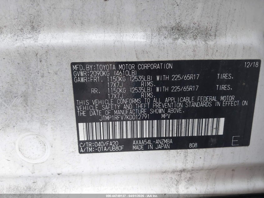2019 Toyota Rav 4 VIN JTMP1RFV7KD012791 IAAI salvage auction — FRONT END, Original (Kentucky), sold $8,750 on 2026-07-14 (photo 9)