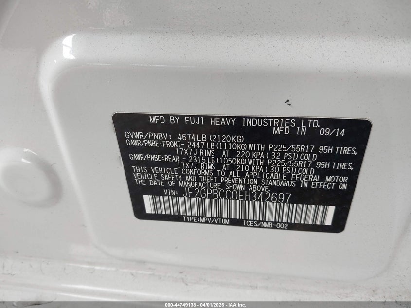 2014 Subaru Xv VIN JF2GPBCC0EH342697 IAAI salvage auction — LEFT FRONT, Salvage (California), sold $1,825 on 2026-07-30 (photo 9)