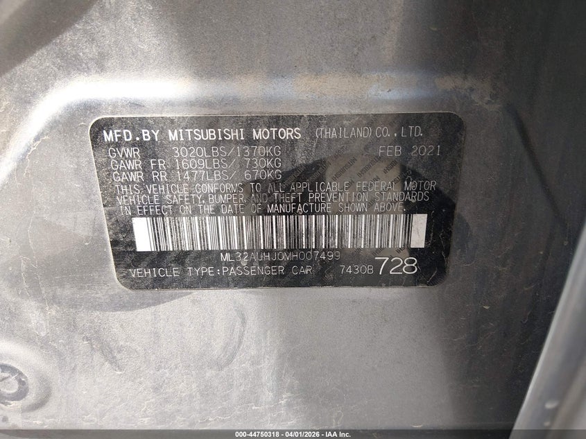 2021 Mitsubishi Mirage VIN ML32AUHJ0MH007499 IAAI salvage auction — RIGHT SIDE, Original (Texas), sold $1,000 on 2026-07-14 (photo 9)