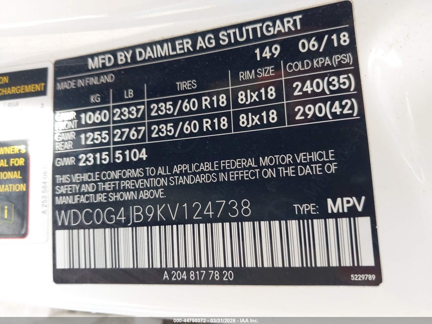 2019 Mercedes-benz Glc VIN WDC0G4JB9KV124738 IAAI salvage auction — LEFT FRONT, Clear (Oklahoma), sold $4,750 on 2026-08-01 (photo 9)