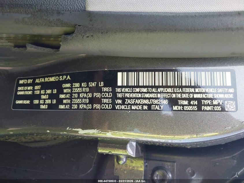 2018 Alfa romeo Stelvio VIN ZASFAKBN8J7B62146 IAAI salvage auction — LEFT FRONT, Wait Title, sold $3,000 on 2026-07-24 (photo 9)