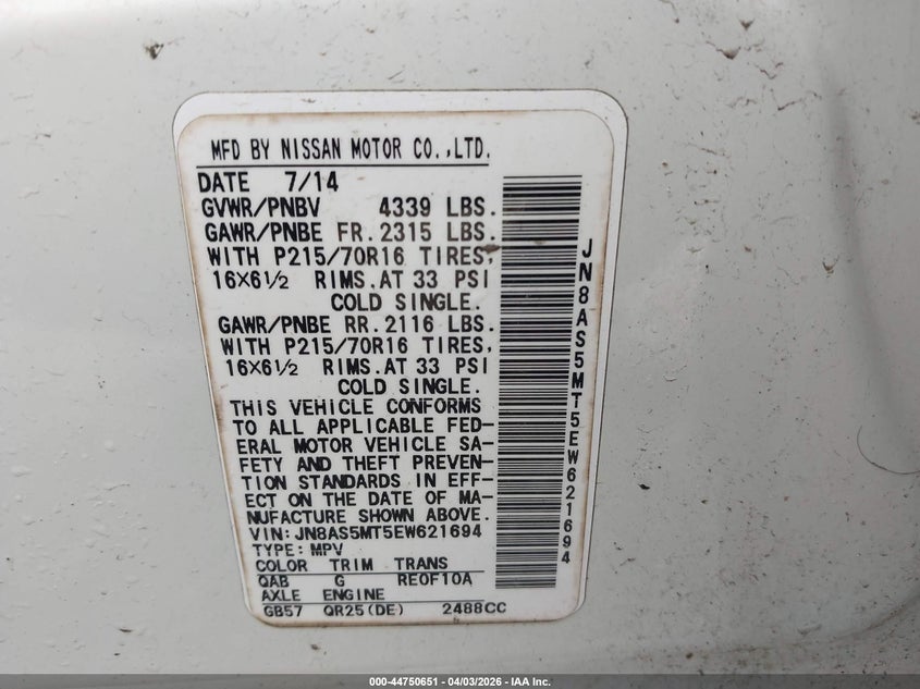 2014 Nissan Rogue VIN JN8AS5MT5EW621694 IAAI salvage auction — REAR END, Wait Title, sold $25 on 2026-07-28 (photo 9)
