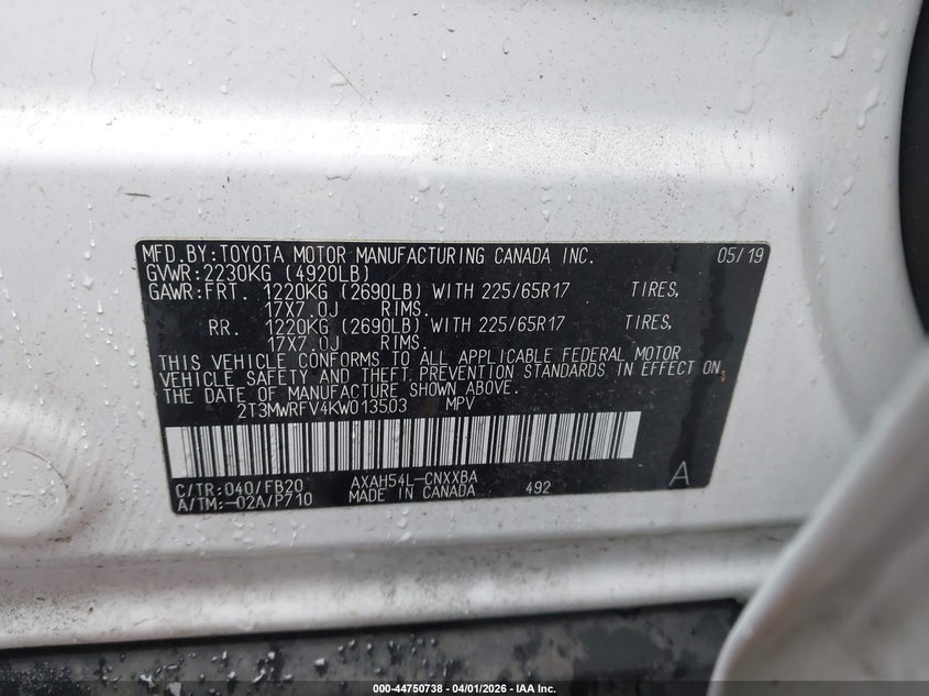 2019 Toyota Rav 4 VIN 2T3MWRFV4KW013503 IAAI salvage auction — LEFT FRONT, Salvage (Oregon), sold $8,350 on 2026-07-09 (photo 9)