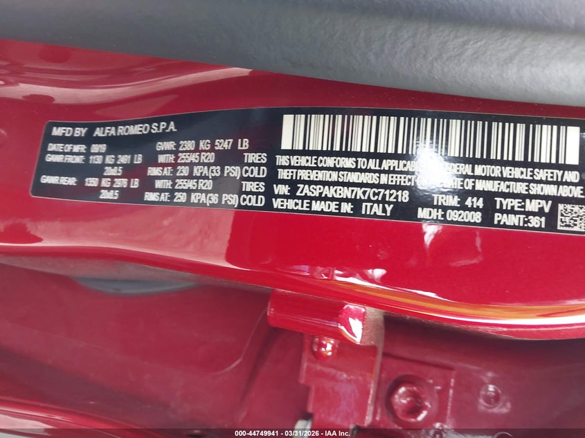 2019 Alfa romeo Stelvio VIN ZASPAKBN7K7C71218 IAAI salvage auction — REAR END, Wait Title, sold $4,225 on 2026-08-11 (photo 9)