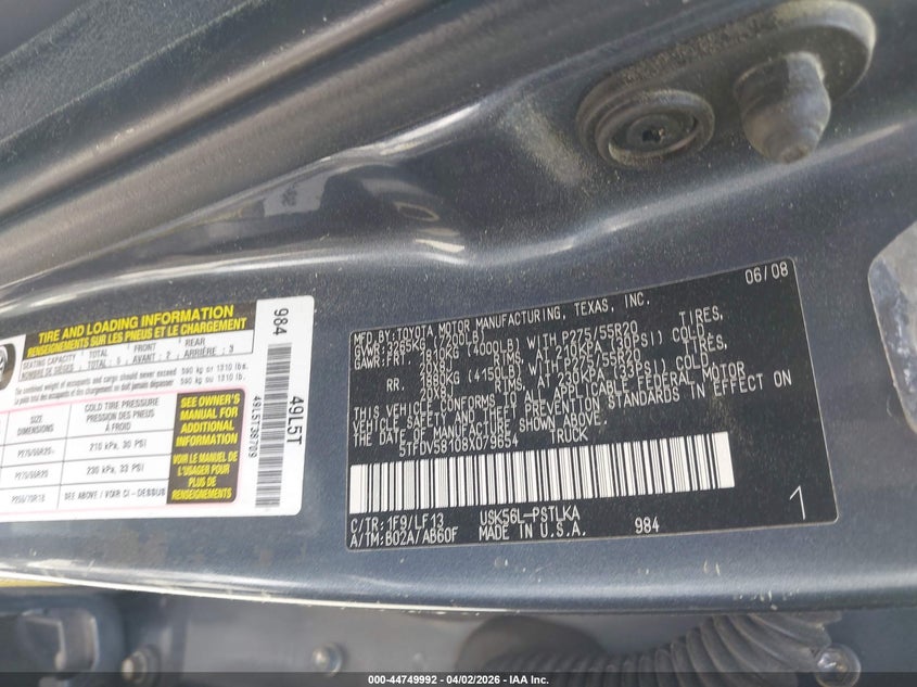 2008 Toyota Tundra VIN 5TFDV58108X079654 IAAI salvage auction — ROLLOVER, Salvage (Georgia), sold $3,300 on 2026-07-14 (photo 9)