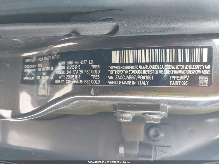2018 Jeep Renegade VIN ZACCJABB7JPG91991 IAAI salvage auction — RIGHT SIDE, Wait Title, sold $1,150 on 2026-07-29 (photo 9)