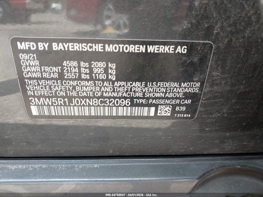 2022 BMW 3er VIN 3MW5R1J0XN8C32096 IAAI salvage auction — REAR END, Original (Texas), sold $9,600 on 2026-07-30 (photo 9)