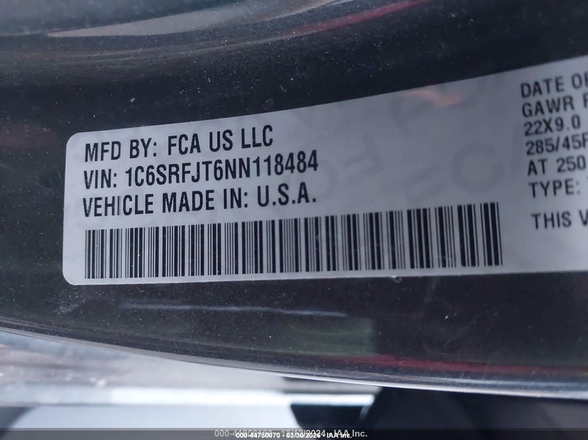 2022 Ram 1500 VIN 1C6SRFJT6NN118484 IAAI salvage auction — FRONT & REAR, Wait Title, sold $5,800 on 2026-07-22 (photo 9)