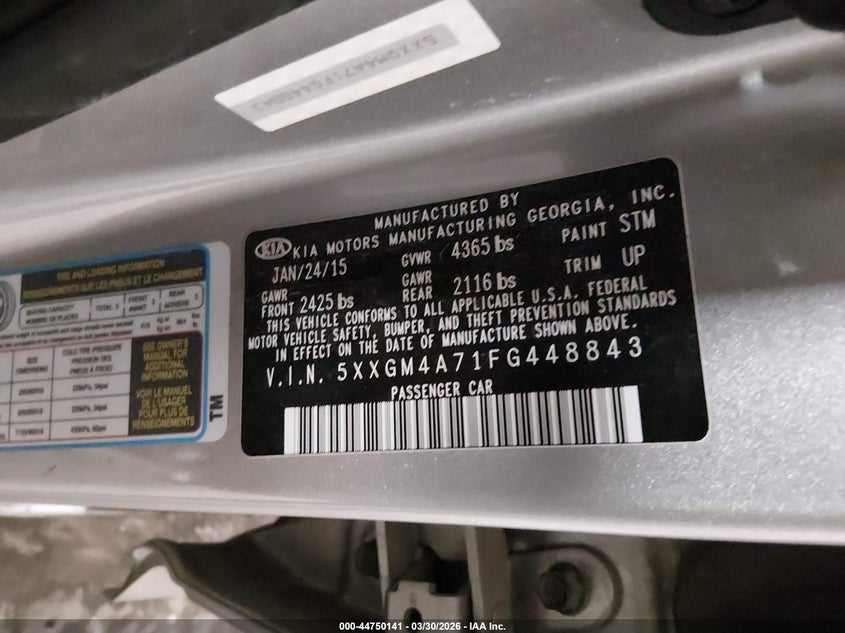 2015 Kia Optima VIN 5XXGM4A71FG448843 IAAI salvage auction — LEFT FRONT, Wait Title, sold $775 on 2026-07-14 (photo 9)