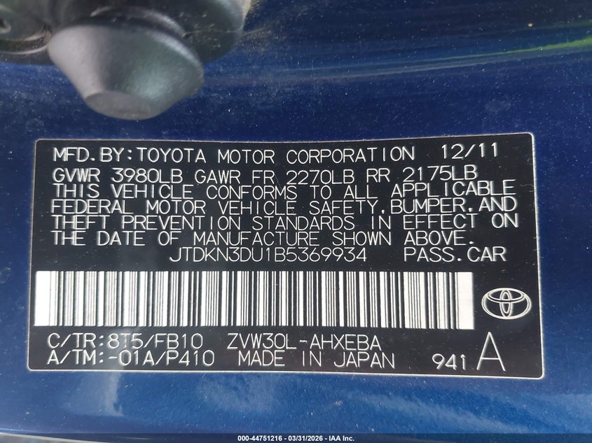 2011 Toyota Prius VIN JTDKN3DU1B5369934 IAAI salvage auction — LEFT FRONT, Original (Texas), sold $475 on 2026-07-07 (photo 9)