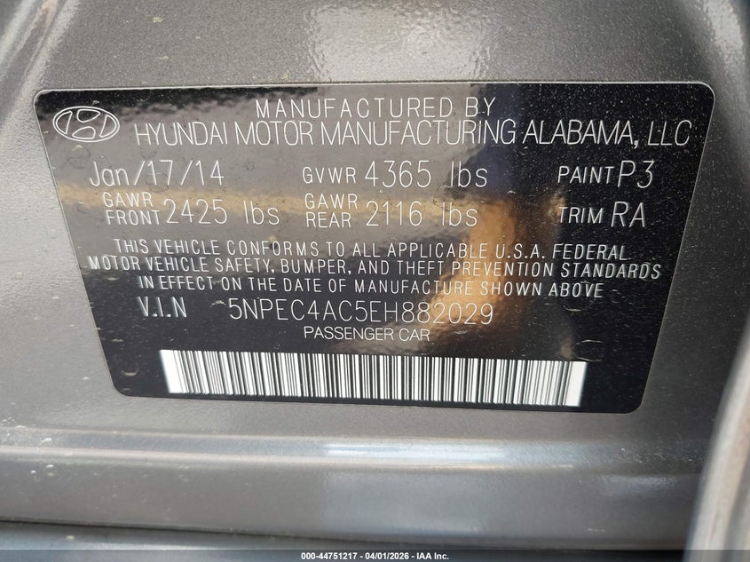2014 Hyundai Sonata VIN 5NPEC4AC5EH882029 IAAI salvage auction — FRONT END, Wait Title, sold $850 on 2026-07-08 (photo 9)