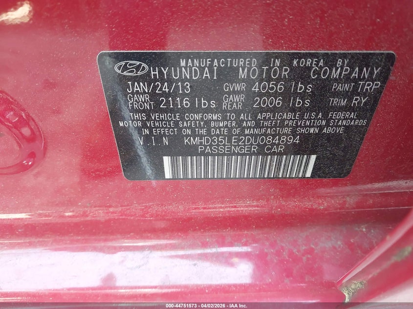 2013 Hyundai Elantra VIN KMHD35LE2DU084894 IAAI salvage auction — LEFT FRONT, Wait Title, sold $375 on 2026-07-20 (photo 9)