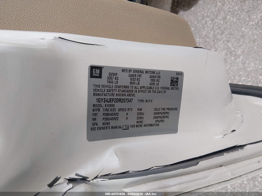 2013 Cadillac Escalade VIN 1GYS4JEF2DR297347 IAAI salvage auction — SIDE, Wait Title, sold $1,550 on 2026-07-09 (photo 9)