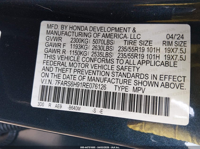 2024 Honda Cr-v VIN 7FARS6H91RE076126 IAAI salvage auction — FRONT END, Wait Title, sold $11,100 on 2026-07-10 (photo 9)