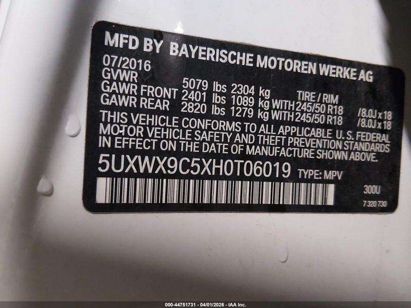 2017 BMW X3 VIN 5UXWX9C5XH0T06019 IAAI salvage auction — FRONT END, Salvage (Iowa), sold $1,000 on 2026-07-28 (photo 9)