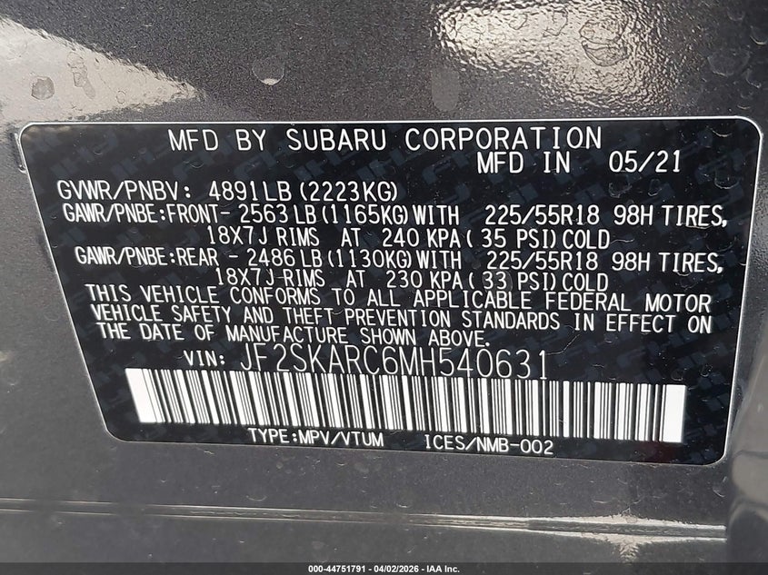 2021 Subaru Forester VIN JF2SKARC6MH540631 IAAI salvage auction — LEFT FRONT, Wait Title, sold $6,750 on 2026-07-07 (photo 9)