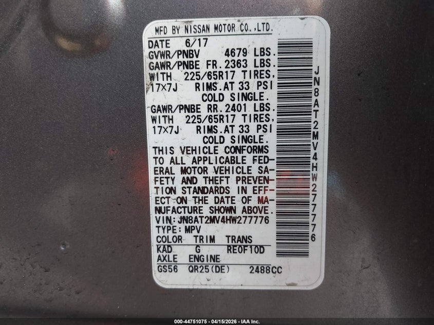 2017 Nissan Rogue VIN JN8AT2MV4HW277776 IAAI salvage auction — REAR END, Wait Title, sold $2,000 on 2026-07-17 (photo 9)