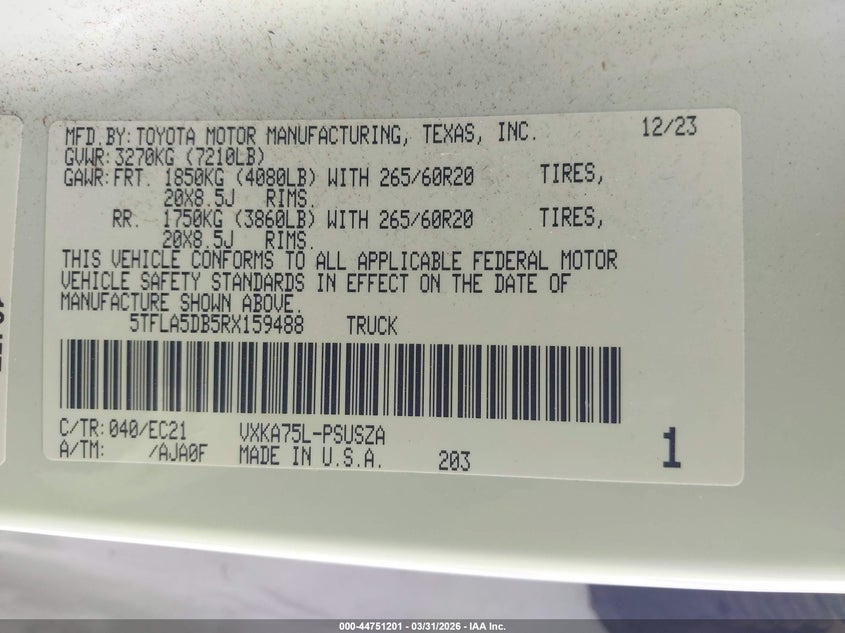 2024 Toyota Tundra VIN 5TFLA5DB5RX159488 IAAI salvage auction — FRONT END, Original (Texas), sold $15,850 on 2026-07-13 (photo 9)