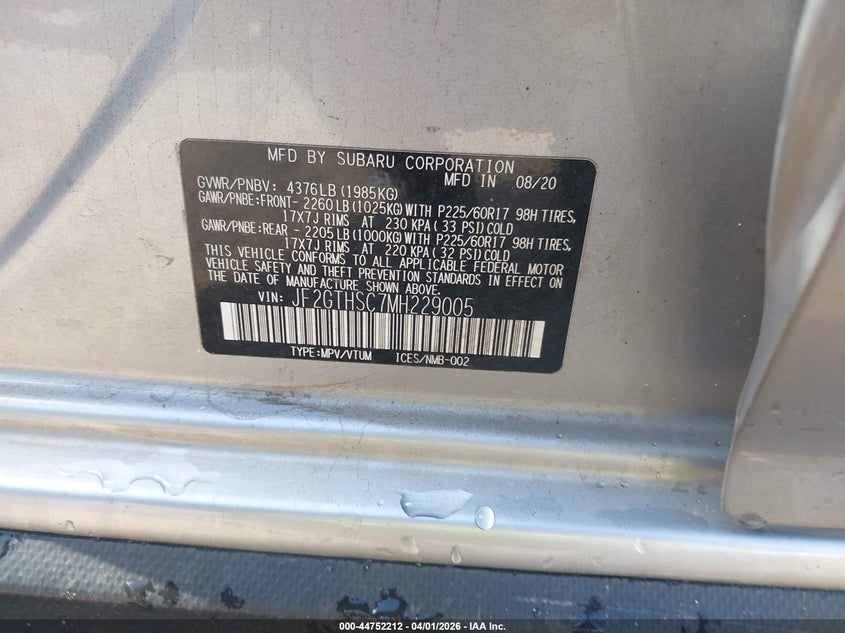 2021 Subaru Xv VIN JF2GTHSC7MH229005 IAAI salvage auction — REAR END, Wait Title, sold $1,600 on 2026-07-28 (photo 9)