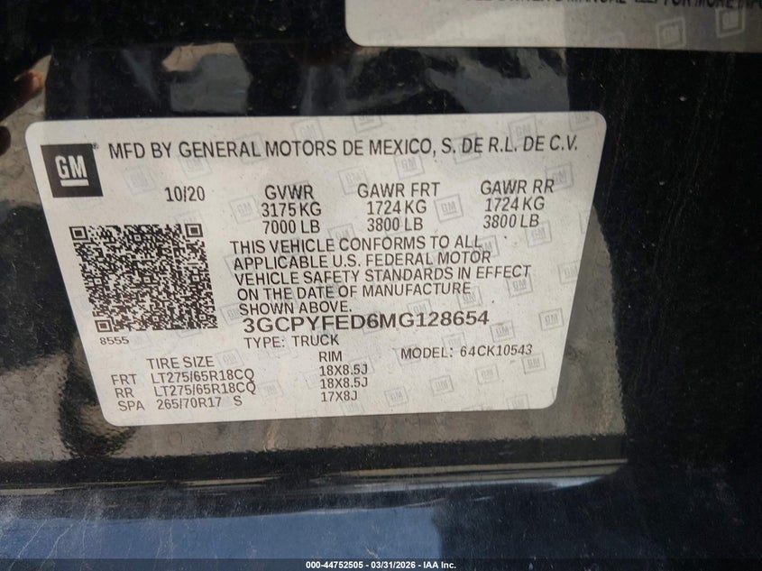 2021 Chevrolet Silverado VIN 3GCPYFED6MG128654 IAAI salvage auction — FRONT END, Wait Title, sold $11,500 on 2026-07-30 (photo 9)