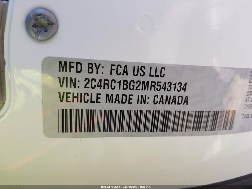 2021 Chrysler Pacifica VIN 2C4RC1BG2MR543134 IAAI salvage auction — RIGHT FRONT, Wait Title, sold $5,300 on 2026-07-18 (photo 9)