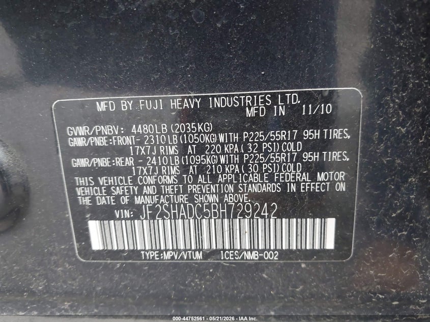 2011 Subaru Forester VIN JF2SHADC5BH729242 IAAI salvage auction — NORMAL WEAR, Clear (Delaware), sold $475 on 2026-07-06 (photo 9)