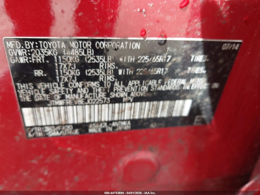 2014 Toyota Rav 4 VIN JTMWFREV8EJ022573 IAAI salvage auction — FRONT END, Wait Title, sold $2,400 on 2026-07-08 (photo 9)