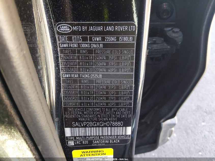 2016 Land rover Range rover evoque VIN SALVP2BGXGH078880 IAAI salvage auction — FRONT END, Wait Title, sold $2,500 on 2026-07-10 (photo 9)