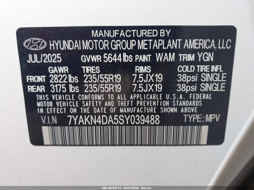 2025 Hyundai Ioniq 5 VIN 7YAKN4DA5SY039488 IAAI salvage auction — FRONT END, Wait Title, sold $10,700 on 2026-07-15 (photo 9)