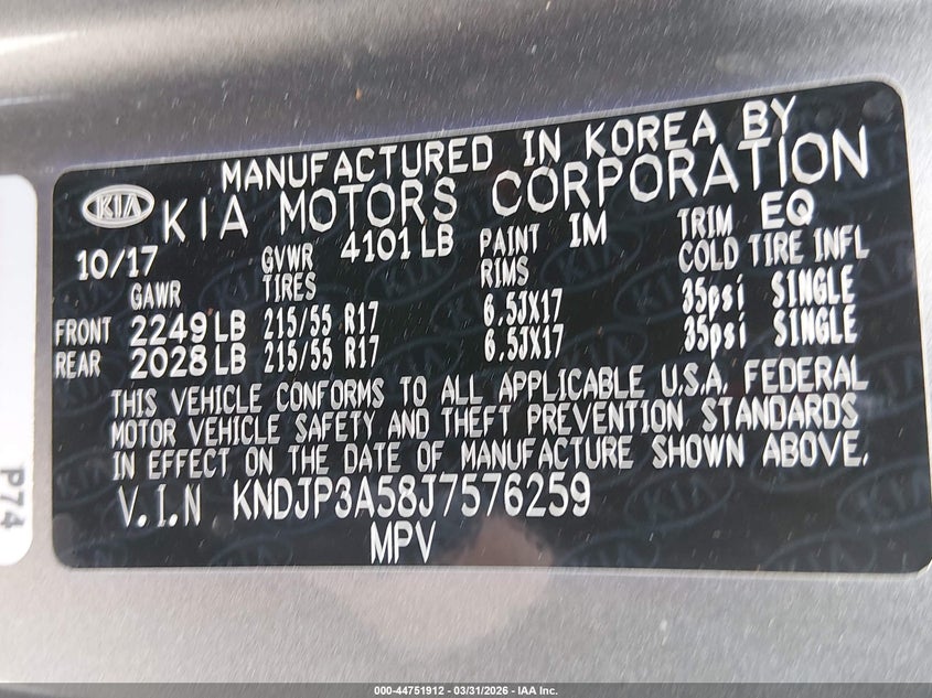 2018 Kia Soul VIN KNDJP3A58J7576259 IAAI salvage auction — RIGHT FRONT, Wait Title, sold $725 on 2026-07-08 (photo 9)