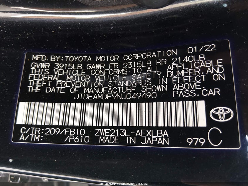 2022 Toyota Corolla VIN JTDEAMDE9NJ049490 IAAI salvage auction — FRONT END, Wait Title, sold $25 on 2026-07-21 (photo 9)