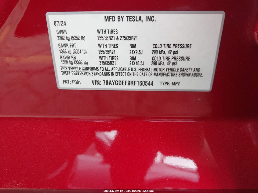 2024 Tesla Model y VIN 7SAYGDEF9RF160544 IAAI salvage auction — LEFT FRONT, Wait Title, sold $13,750 on 2026-07-15 (photo 9)