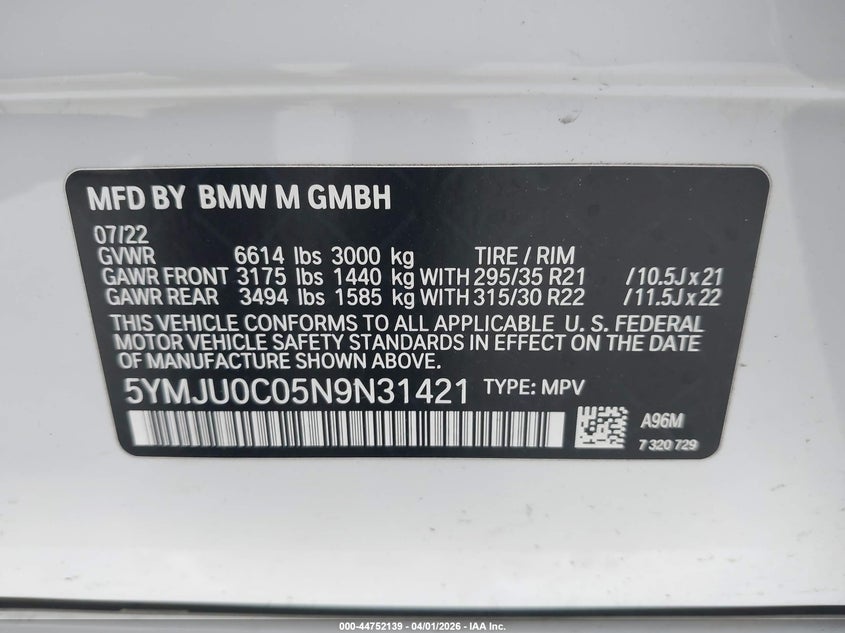 2022 BMW X5 m VIN 5YMJU0C05N9N31421 IAAI salvage auction — RIGHT FRONT, Wait Title, sold $41,600 on 2026-07-14 (photo 9)
