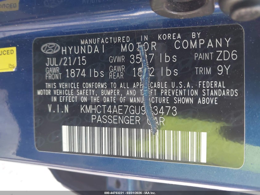 2016 Hyundai Accent VIN KMHCT4AE7GU983473 IAAI salvage auction — FRONT & REAR, Salvage (Texas), sold $700 on 2026-07-13 (photo 9)
