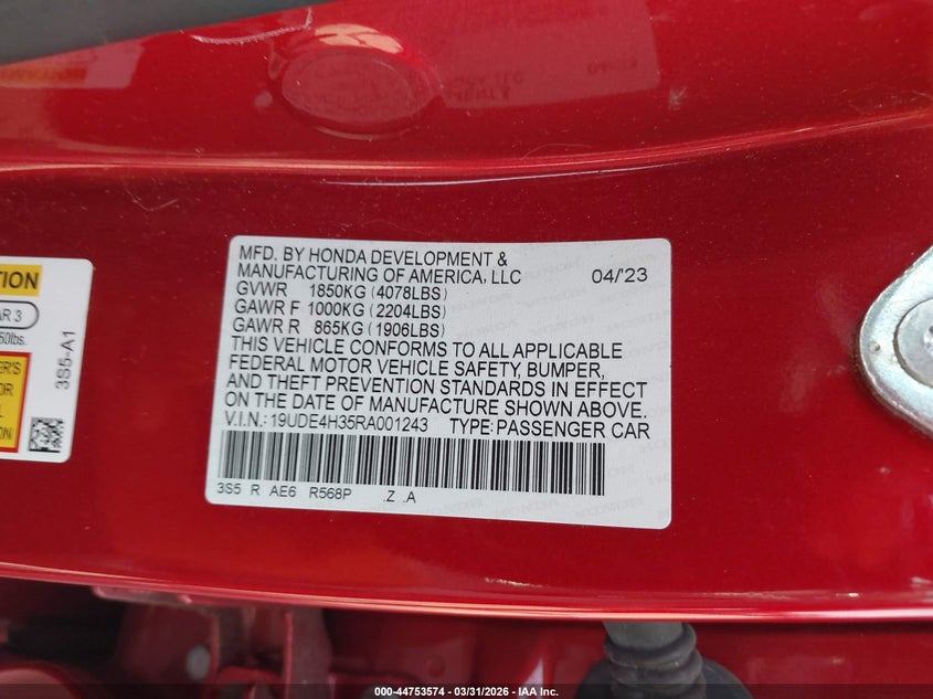 2024 Acura Integra VIN 19UDE4H35RA001243 IAAI salvage auction — REAR END, Salvage (New Jersey), sold $8,000 on 2026-07-31 (photo 9)