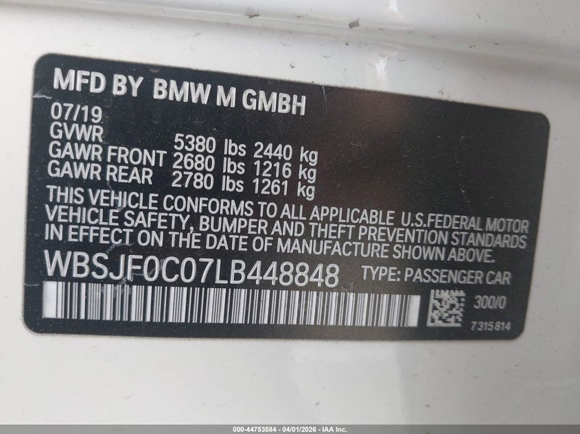 2020 BMW M5 VIN WBSJF0C07LB448848 IAAI salvage auction — REAR END, Salvage (New Jersey), sold $17,700 on 2026-08-02 (photo 9)