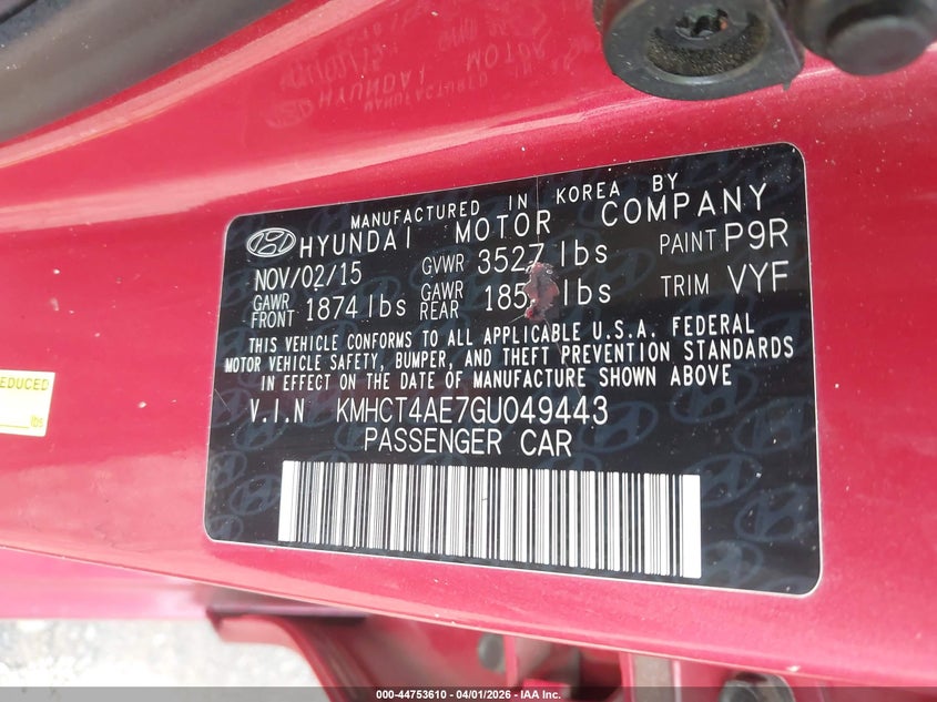 2016 Hyundai Accent VIN KMHCT4AE7GU049443 IAAI salvage auction — ENGINE BURN, Certificate Of Destruction (Florida), sold $250 on 2026-07-14 (photo 9)
