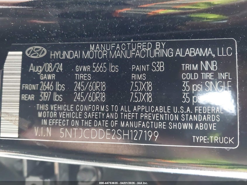 2025 Hyundai Santa cruz VIN 5NTJCDDE2SH127199 IAAI salvage auction — FRONT END, Wait Title, sold $9,300 on 2026-07-16 (photo 9)